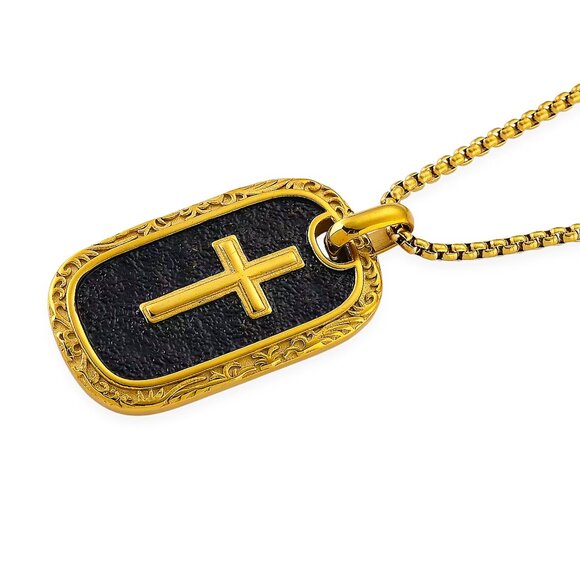 GOLD CROSS Pendant Necklace in ION Plated Yellow Gold W Black Oxidized 20"-22" - Picture 3 of 8
